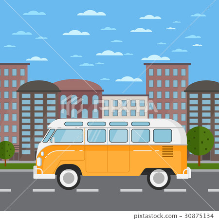 图库插图: classic retro bus in urban landscape