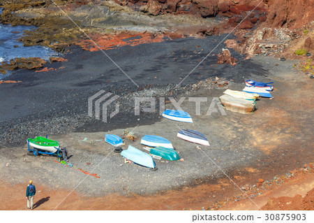 Green Lagoon at El Golfo with fishing boats Green Lagoon at El Golfo with fishing boats 30875903