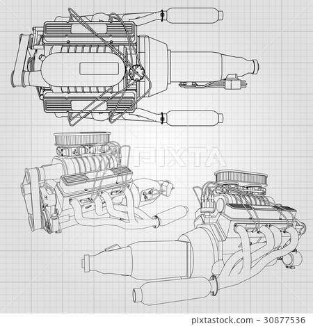 A set of several types of powerful car engine. The 30877536