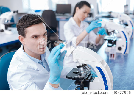 Competent brunette looking at piece of glass 30877906