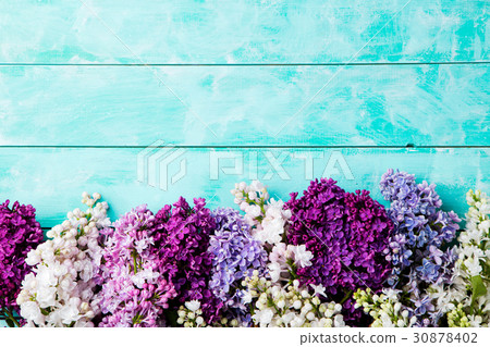 Bunch of lilac flowers. Top view. Copy space. 30878402
