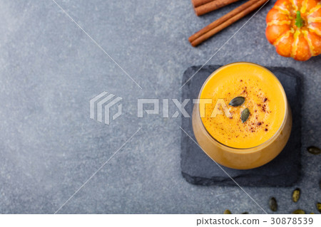 Pumpkin smoothie Top view. Copy space. 30878539