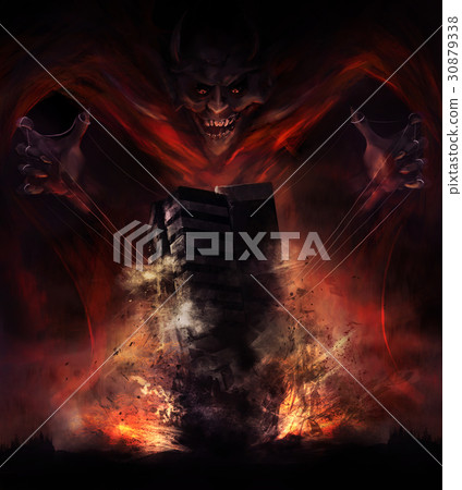 Smiling demon creature destroying building. 30879338