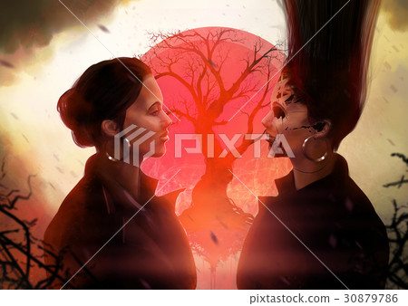 Spooky woman profile looking at evil tween. 30879786