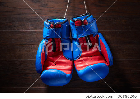 Boxing blue and red gloves hanging from ropes on a 30880200