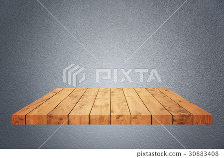 Wooden shelf on gray blank background Wooden shelf on gray blank background 30883408