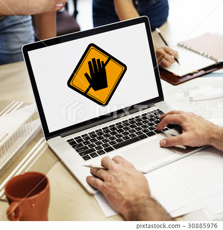 Hands Typing Laptop Searching Don't Touch Caution Sign Banner 30885976
