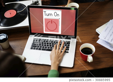Hands working on laptop network graphic overlay 30885995