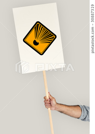 Studio Shoot Holding Banner with Explosion Attention Sign Studio Shoot Holding Banner with Explosion Attention Sign 30887319
