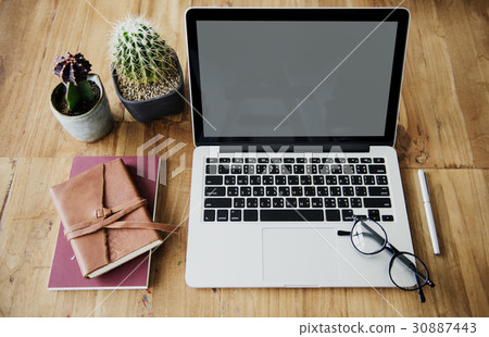 Laptop Digital Device Copy Space Workplace Aerial View 30887443