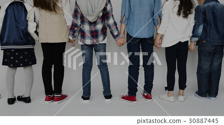 Group of Kids Holding Hands Behind Rear View on White Blackground 30887445
