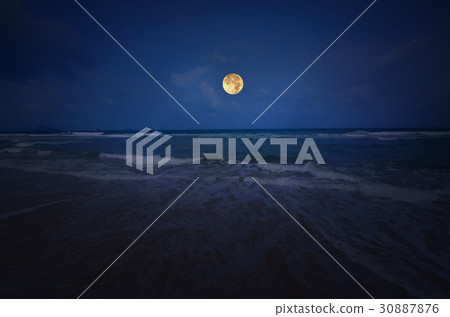 White wave and blue sea with full moon White wave and blue sea with full moon 30887876