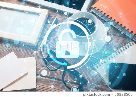 Business workplace with tablet pc and security concept on screen Business workplace with tablet pc and security concept on screen 30888503