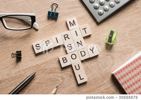 Spirit soul mind and body words made of wooden cubes 30888878
