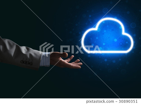 Digital cloud icon as symbol of wireless connection on dark background Digital cloud icon as symbol of wireless connection on dark background 30890351