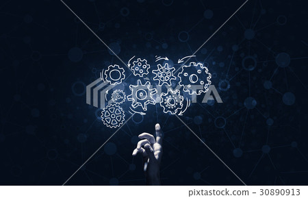Glowing cogwheel mechanism icon on dark background as symbol of Glowing cogwheel mechanism icon on dark background as symbol of 30890913