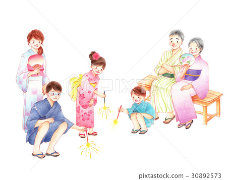 三代家庭與煙花白色背景 三代家庭與煙花白色背景 30892573