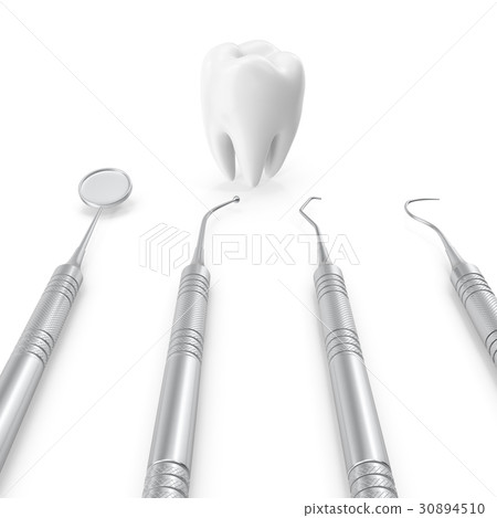 Dental set, mirror, probe, with tooth, concept Dental set, mirror, probe, with tooth, concept 30894510