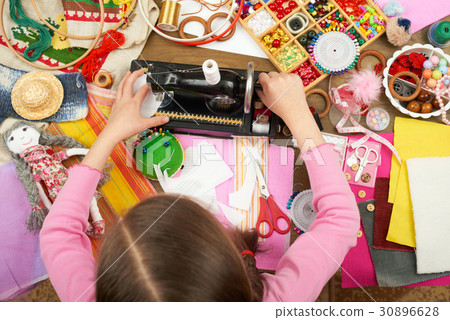 girl sews, top view, sewing accessories, handmade girl sews, top view, sewing accessories, handmade 30896628