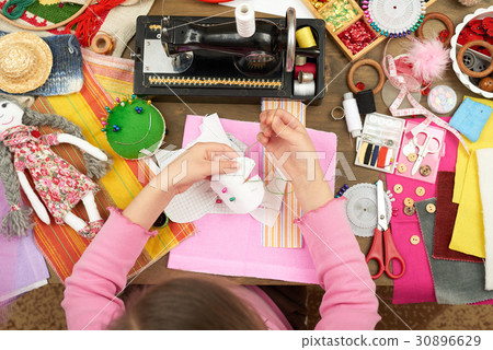 girl sews, top view, sewing accessories, handmade girl sews, top view, sewing accessories, handmade 30896629