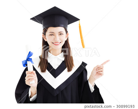 graduate student with pointing gesture isolated  30899193