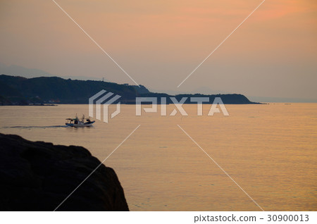 日落，海，漁船 30900013