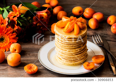 Stack of homemade american pancakes served with Stack of homemade american pancakes served with 30908853
