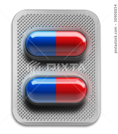 Red and blue pills in blister packaging isolated Red and blue pills in blister packaging isolated 30908854