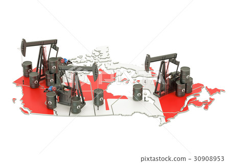 Canadian map with oil barrels and pumpjacks Canadian map with oil barrels and pumpjacks 30908953