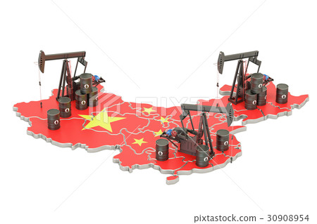 Chinese map with oil barrels and pumpjacks Chinese map with oil barrels and pumpjacks 30908954