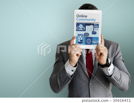 Man holding digital device network graphic overlay 30916451