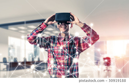 Guy wearing checked shirt and virtual mask demonstrating some emotions 30919188