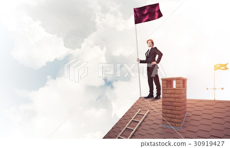 Young businessman with flag presenting concept of leadership. Mi Young businessman with flag presenting concept of leadership. Mi 30919427