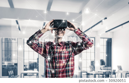 Guy wearing checked shirt and virtual mask demonstrating some emotions 30920051