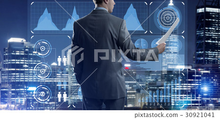 Digital background with infographs and man extending papers or contract 30921041