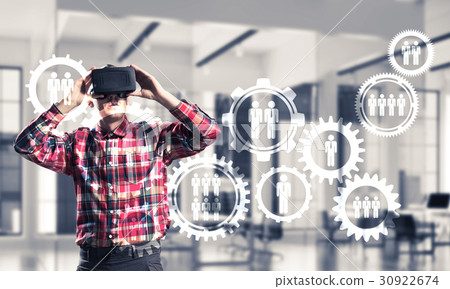 Guy wearing checked shirt and virtual mask demonstrating some emotions Guy wearing checked shirt and virtual mask demonstrating some emotions 30922674