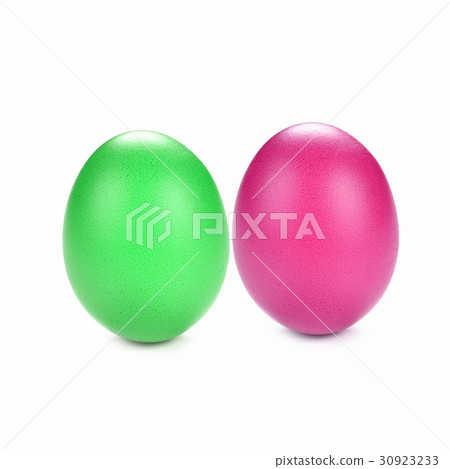 Eggs dyed green, purple on white background 30923233