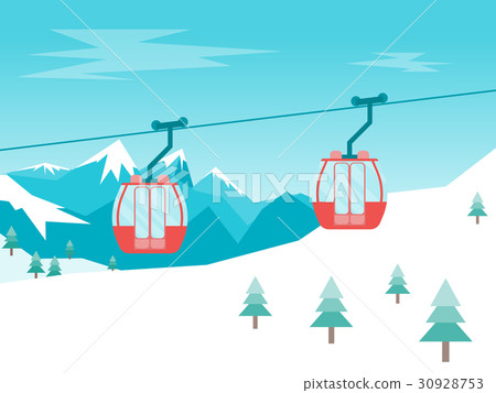 Cartoon Car Cabins Cableway in Mountains. Vector 30928753