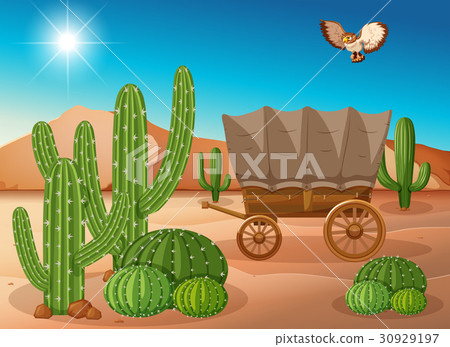 Desert scene with wagon and cactus 30929197
