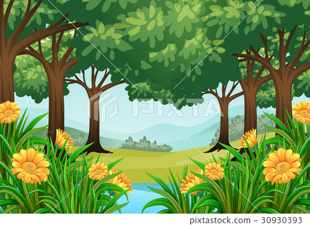 Forest scene with flowers and pond 30930393