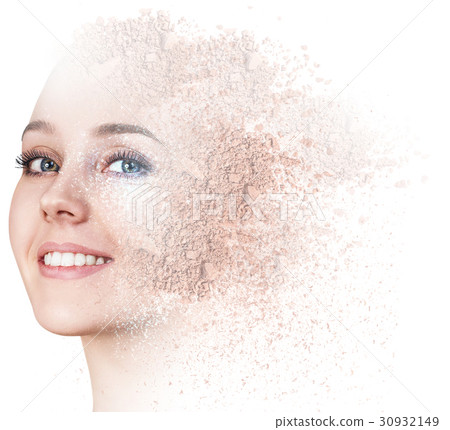 Woman face made from crumbly powder. Woman face made from crumbly powder. 30932149