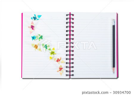 closeup open note book with pencil, isolated  30934700