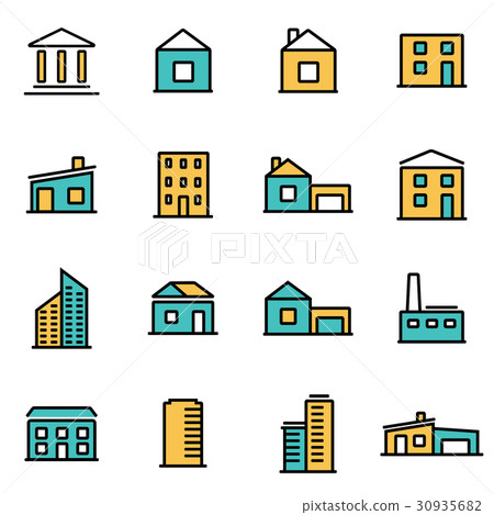 Vector line buildings icon set - Stock Illustration [30935682] - PIXTA