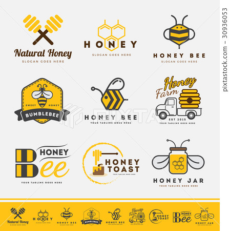 Set of honey bee logo and labels for honey product 30936053