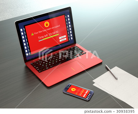 贖金佩戴膝上型計算機的圖像，被損壞的智能手機屏幕 30938395
