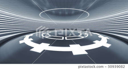 Futuristic interior with empty glowing podium 30939082