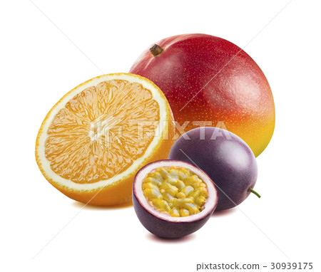 Whole mango, orange, passion fruit isolated Whole mango, orange, passion fruit isolated 30939175