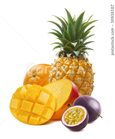Mango, orange, pineapple, passion fruit isolated Mango, orange, pineapple, passion fruit isolated 30939187