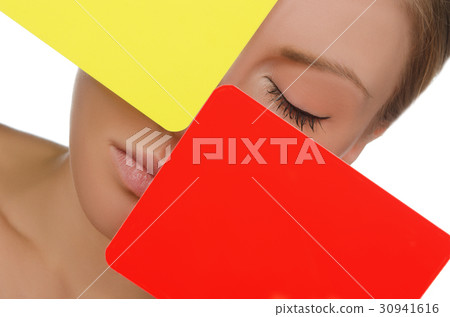 portrait of woman with red and yellow card portrait of woman with red and yellow card 30941616