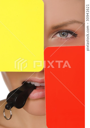 beautiful woman, red and yellow soccer referee and whistle beautiful woman, red and yellow soccer referee and whistle 30941621